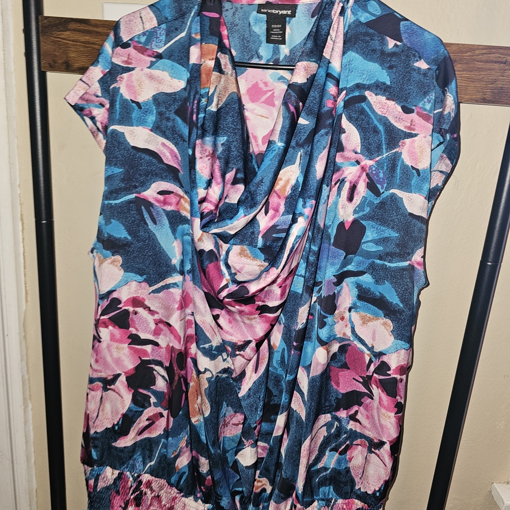 Peruvian Connection Floral Drape Neck Blouse - Blue & Pink